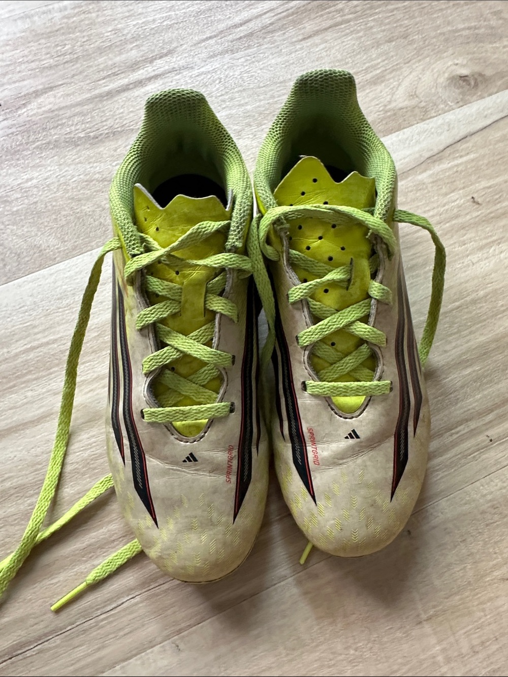 Size 2.5 Adidas Kids Neon Yellow Soccer Sneakers with Orange Accents